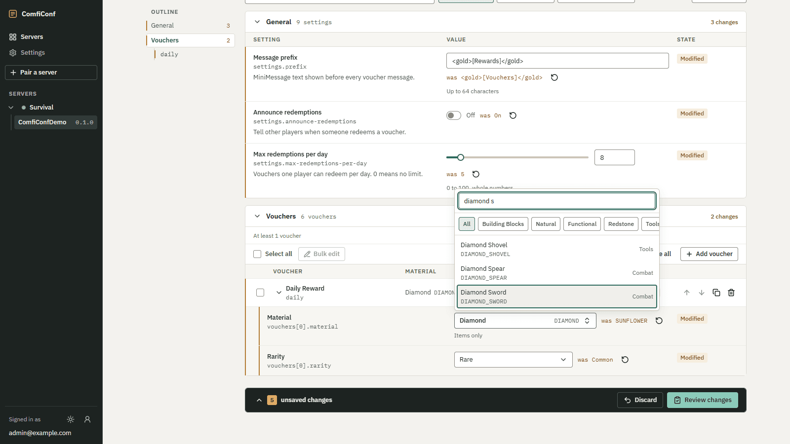 The editor generated from the ComfiConfDemo schema: modified settings marked in brass, a slider, a toggle, the material picker open, and the unsaved changes bar.